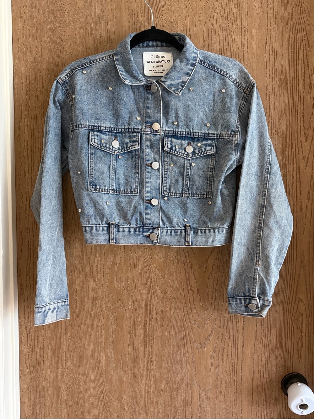 Ci Sono Light Blue Studded Cropped Denim Jacket